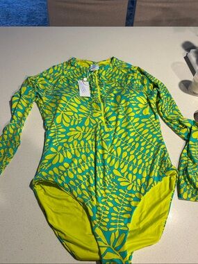 Trina Turk Girls' Green and Turquoise Leaf-Print Rashguard Swimsuit